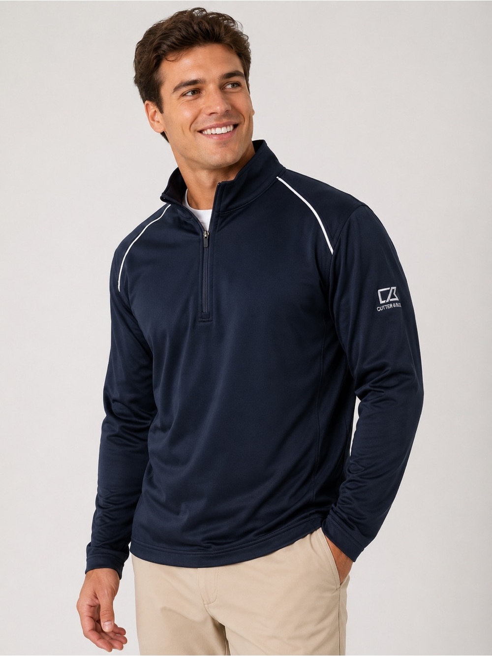 Men Cutter & Buck Navy Stretch Quarter-Zip Pullover Jacket Golf Club Logo DryTec